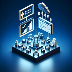 3D voxel art depicting an online employee satisfaction survey on a dark blue background.