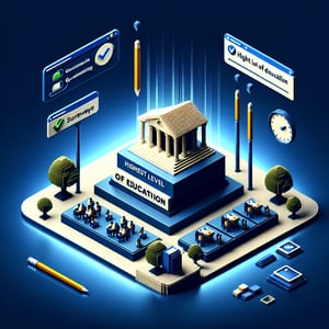 3D voxel art illustrating online survey process focused on highest level of education, set against a dark blue background.