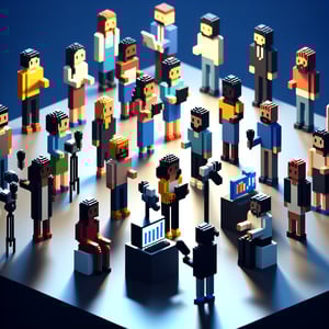 3D voxel art depicting online cultural diversity surveys on a dark blue background.