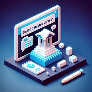 3D voxel art depicting online dementia surveys with a dark blue background.