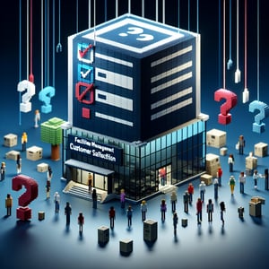 3D voxel art depicting online survey concept on a dark blue background for facilities management.