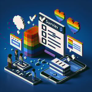 3D voxel art depicting online gay surveys against a dark blue background.
