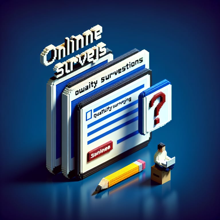 3D voxel art depicting online surveys, symbolizing n5 quantity surveying question papers, on a dark blue background.
