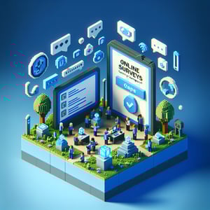 3D voxel art depicting online surveys, ideal for insurance companies, against a dark blue background.