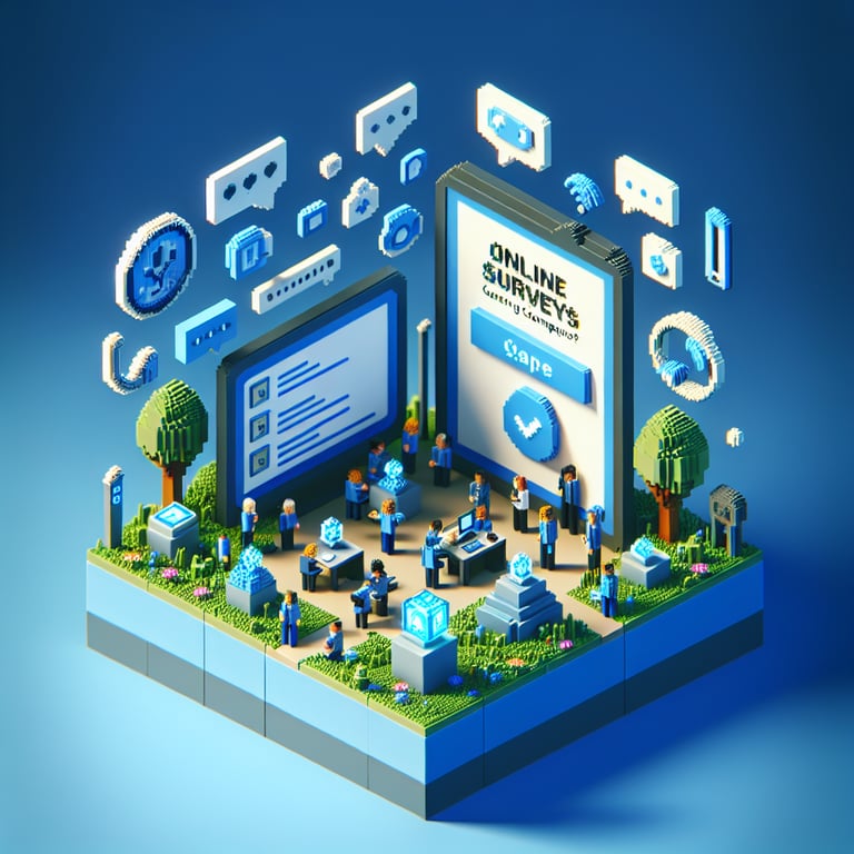 3D voxel art depicting online surveys, ideal for insurance companies, against a dark blue background.