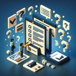 3D voxel art illustrating the concept of online surveys and questions on a dark blue background.