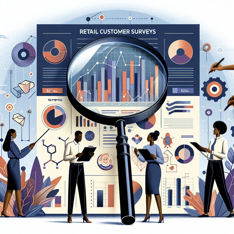 Illustration showing popular topics in Retail Customer survey questions.