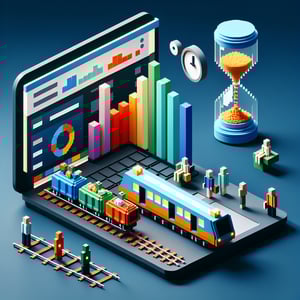 3D voxel art depicting online commuter survey concept on a dark blue background.