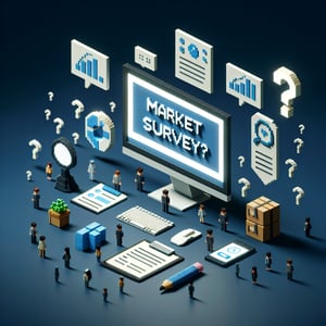 3D voxel art depicting online market day surveys with a dark blue background.