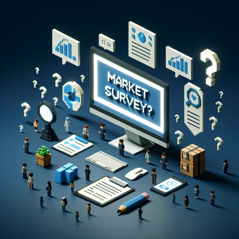 Artistic 3D voxel marketplace survey experience with digital feedback elements