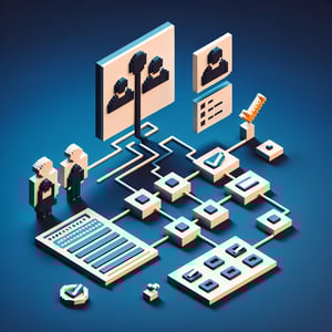 3D voxel art depicting online family relationship surveys on a dark blue background.