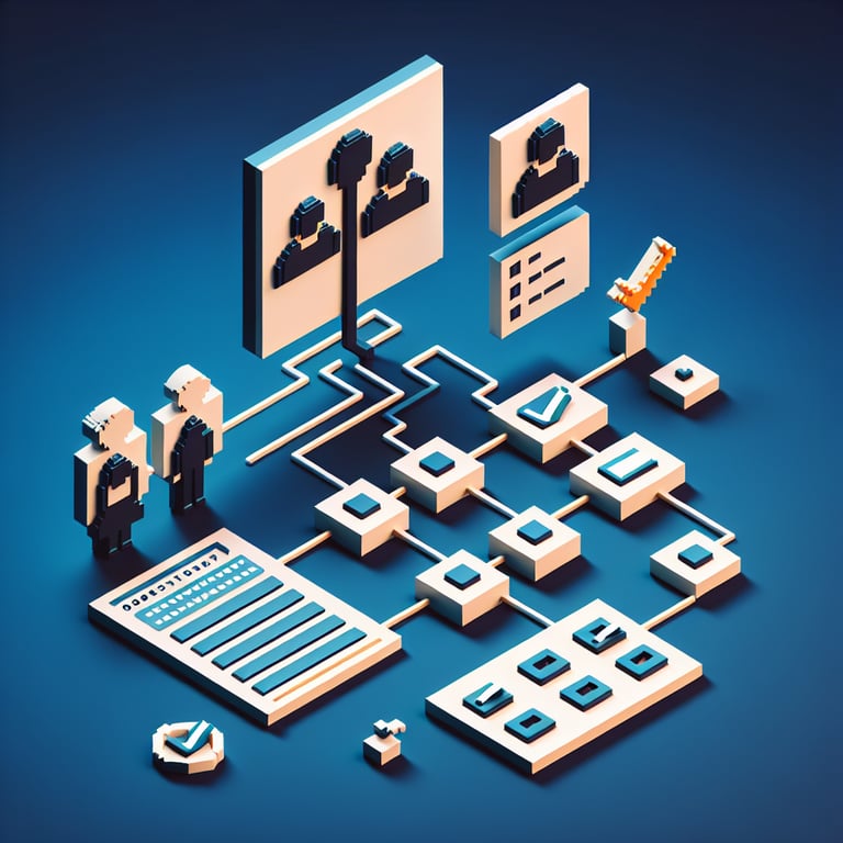 3D voxel art depicting family relationship survey themes on a dark blue background.