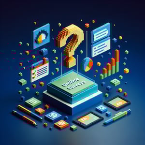 3D voxel art depicting online surveys, symbolizing employee engagement survey questions.