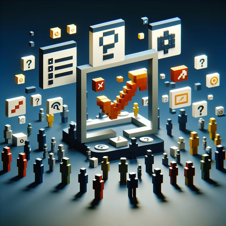 3D voxel art depicting online business surveys against a dark blue background.