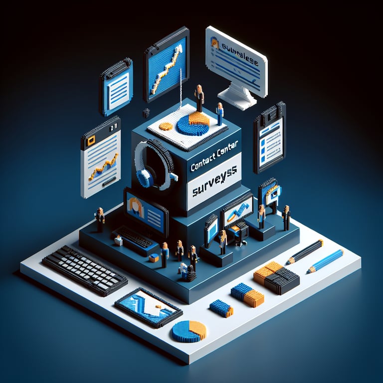 3D voxel art depicting online surveys, suitable for a contact center survey landing page, on a dark blue background.