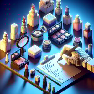 3D voxel art depicting online beauty product surveys on a dark blue background.