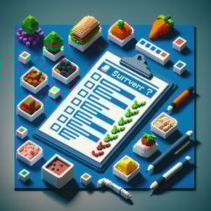 3D voxel art depicting an online survey concept, with a focus on cafeteria food, set against a dark blue background.