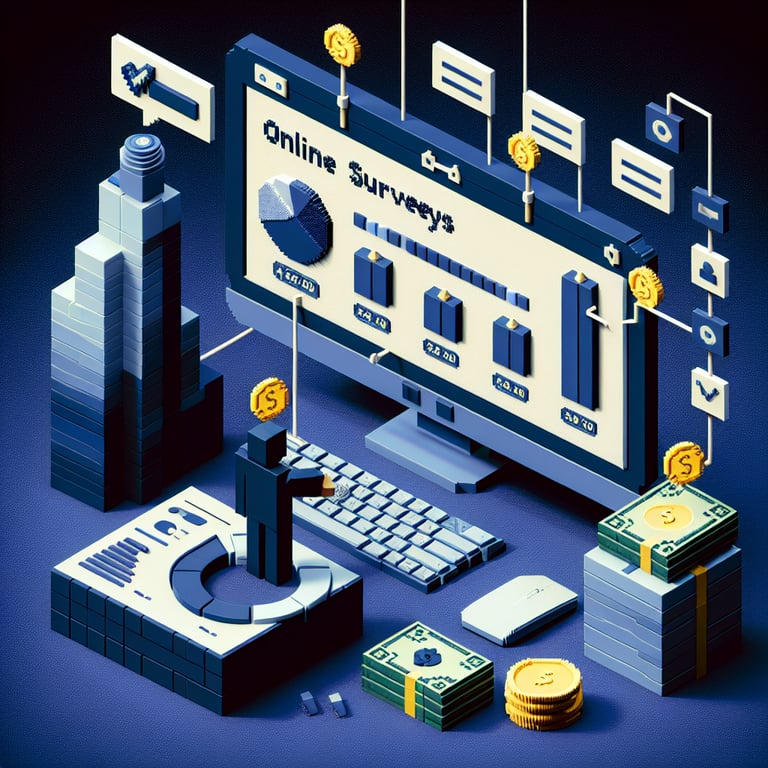 3D voxel art depicting online surveys, with a dark blue background, suitable for a money survey guide.