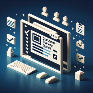 3D voxel art showcasing the concept of online customer survey questions on a dark blue background.