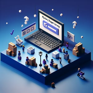 3D voxel art depicting online mystery shopper surveys on a dark blue background.
