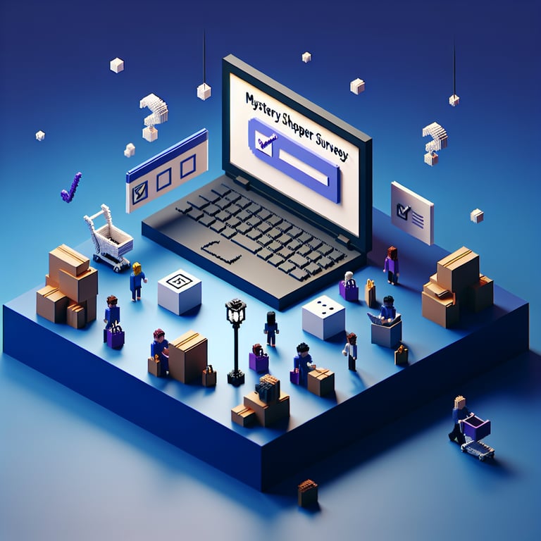 3D voxel art depicting online mystery shopper surveys on a dark blue background.