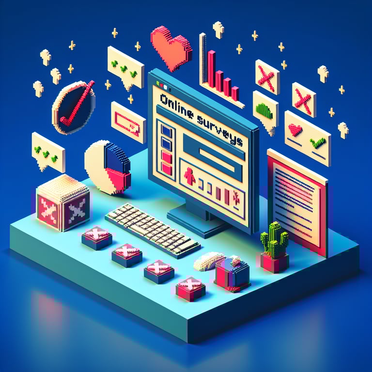 3D voxel art depicting online abortion survey concept on a dark blue background.
