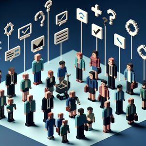 3D voxel art depicting online surveys, highlighting generational differences, against a dark blue background.