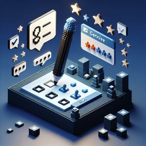 3D voxel art depicting online survey process on a dark blue background for rating sessions surveys.