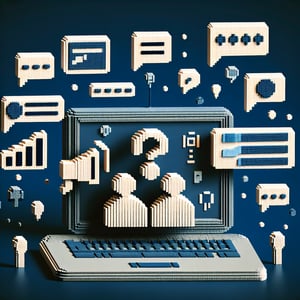3D voxel art depicting the concept of online employee internal communication surveys on a dark blue background.