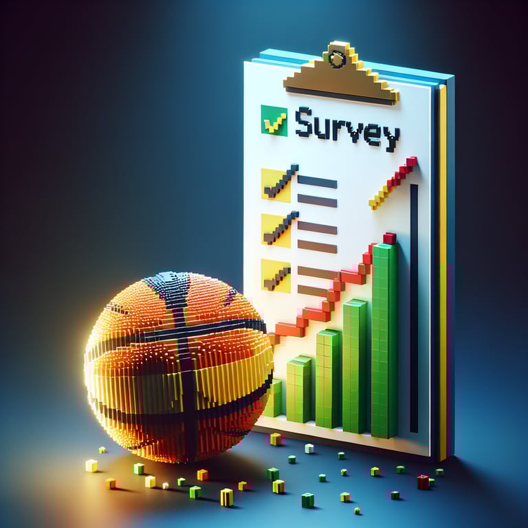 3D voxel art of a basketball and survey checklist on a dark blue background.