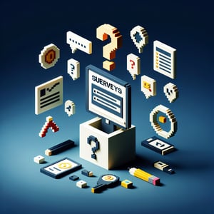 3D voxel art depicting online surveys, symbolizing survey questions for identifying training needs.