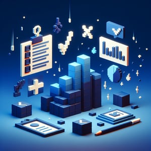 3D voxel art depicting online abortion survey questions on a dark blue background.