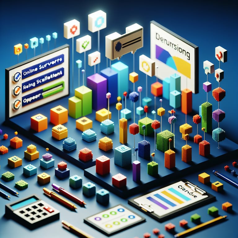 3D voxel art depicting online learning and development survey concept on a dark blue background.