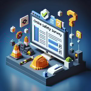 3D voxel art showcasing online safety survey concept against a dark blue background.