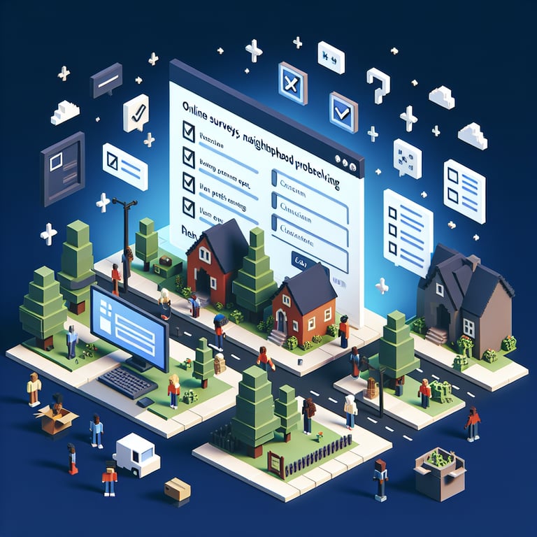 3D voxel art of neighborhood problem-solving poll icons