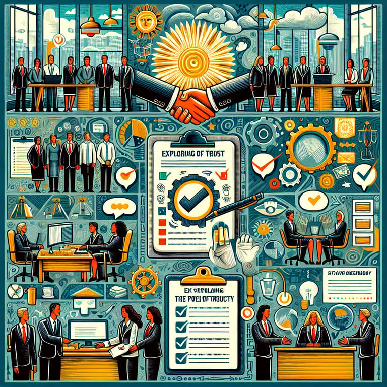 Illustration representing topics to cover in a Workplace Trust survey.