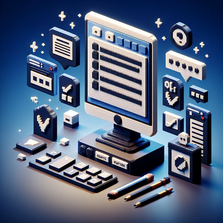 3D voxel art illustrating the concept of predictive index survey test questions on a dark blue background.