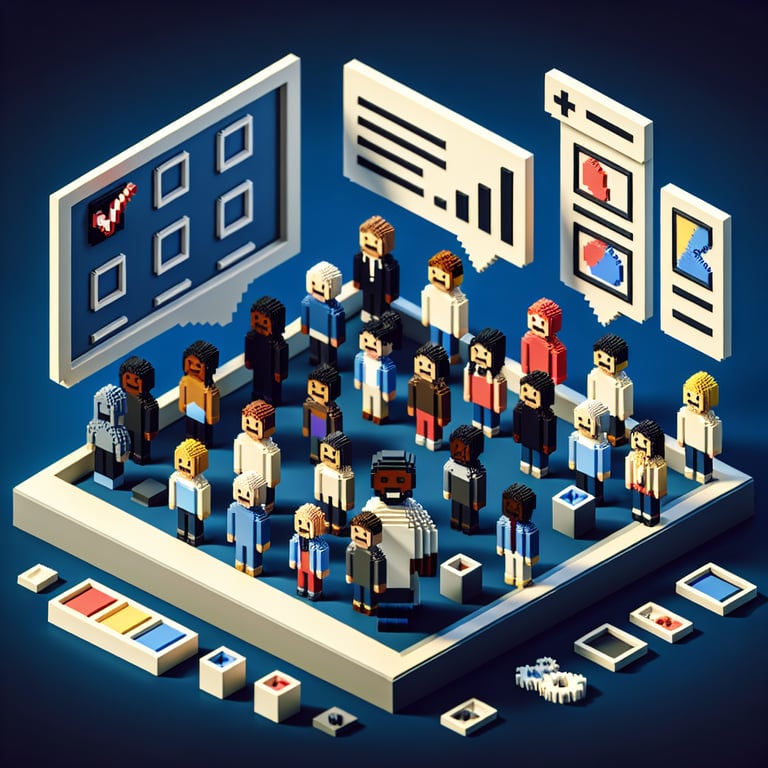 3D voxel art depicting online diversity climate survey process on a dark blue background.