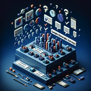 3D voxel art depicting online demographic survey concept on a dark blue background.