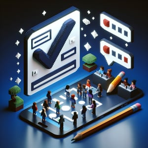 3D voxel art depicting online surveys, with a dark blue background, relevant to youth group surveys.
