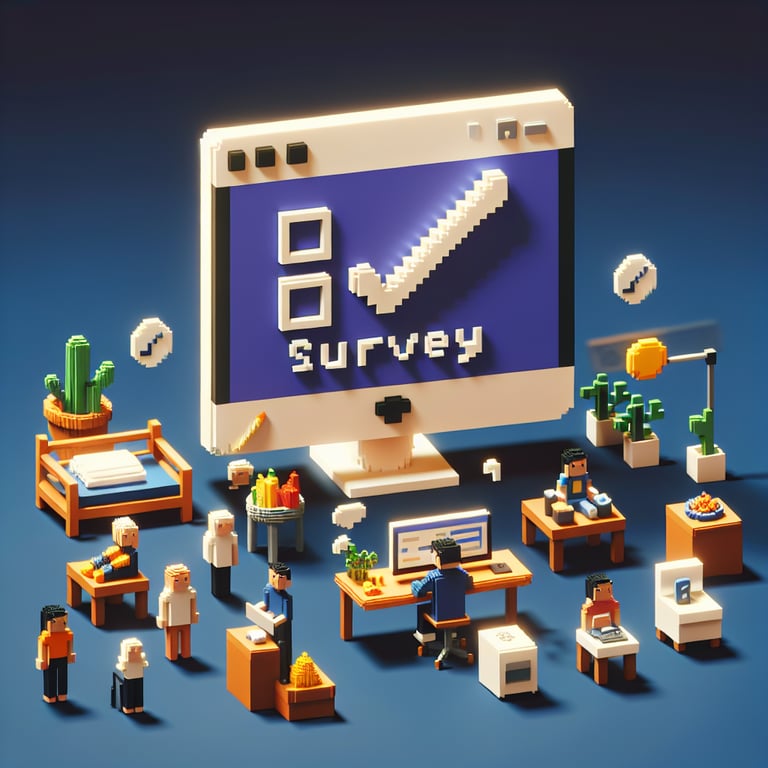 3D voxel art depicting online surveys and questions against a dark blue background.