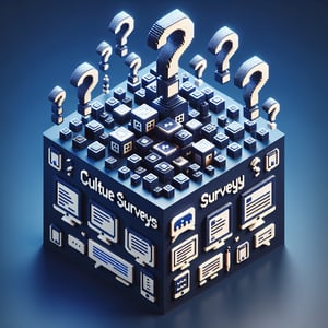 3D voxel art depicting online culture survey concept on a dark blue background.