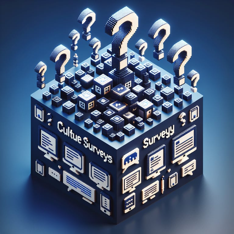 3D voxel art depicting online culture survey concept on a dark blue background.