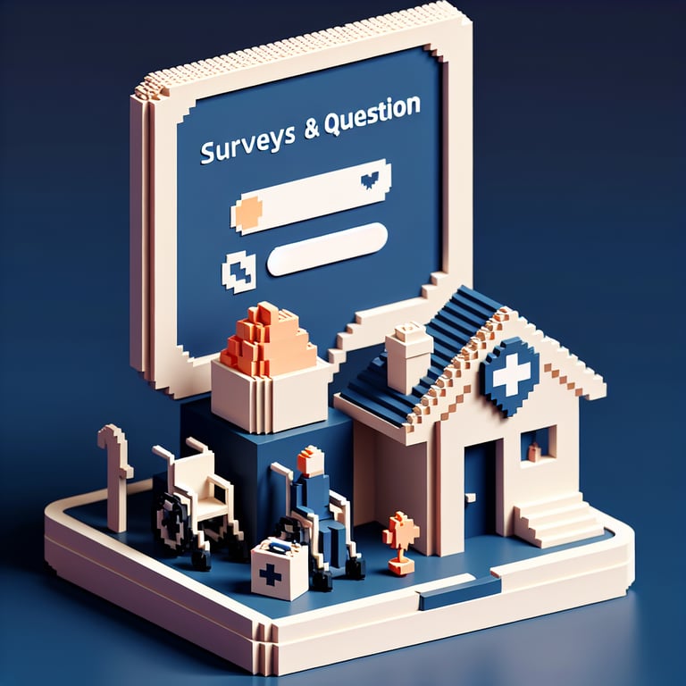 3D voxel art depicting online assisted living surveys on a dark blue background.