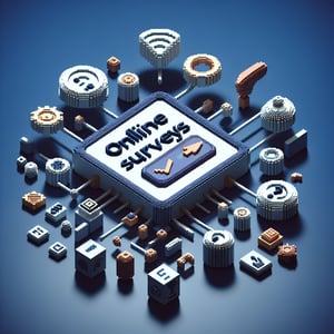 3D voxel art depicting online employee satisfaction survey process on a dark blue background.