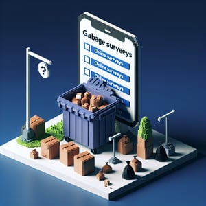3D voxel art depicting online garbage survey questions on a dark blue background.