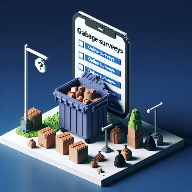 Artistic 3D voxel sculpture of waste survey questions in rich blue hues