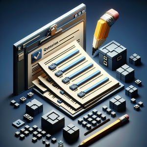 3D voxel art depicting online surveys and questions on a dark blue background, emphasizing quality.