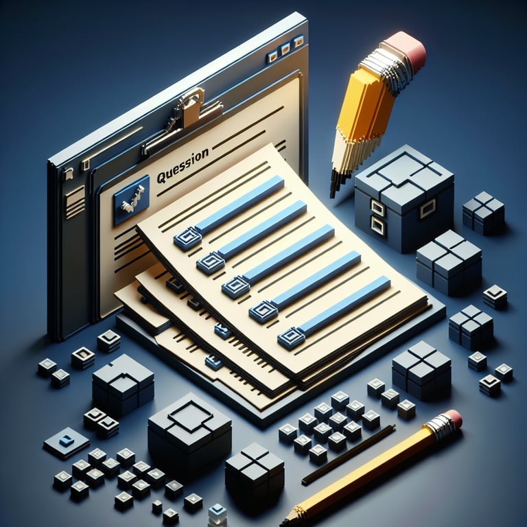 3D voxel art illustrating questionnaire evaluation and quality rating measurement