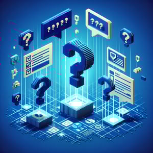 3D voxel art depicting online surveys, symbolizing cd mapping survey questions on a dark blue background.